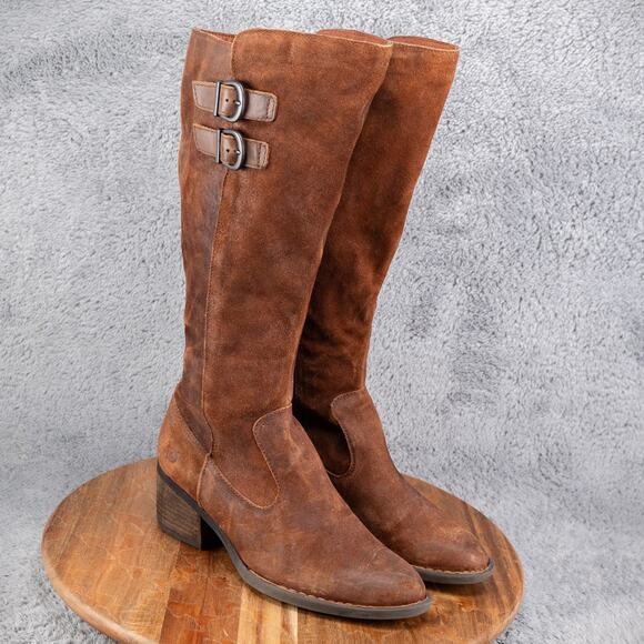 Born Women's 7.5M Wide Calf Basil Distressed Suede Buckle Brown Tall Boot - Picture 1 of 8
